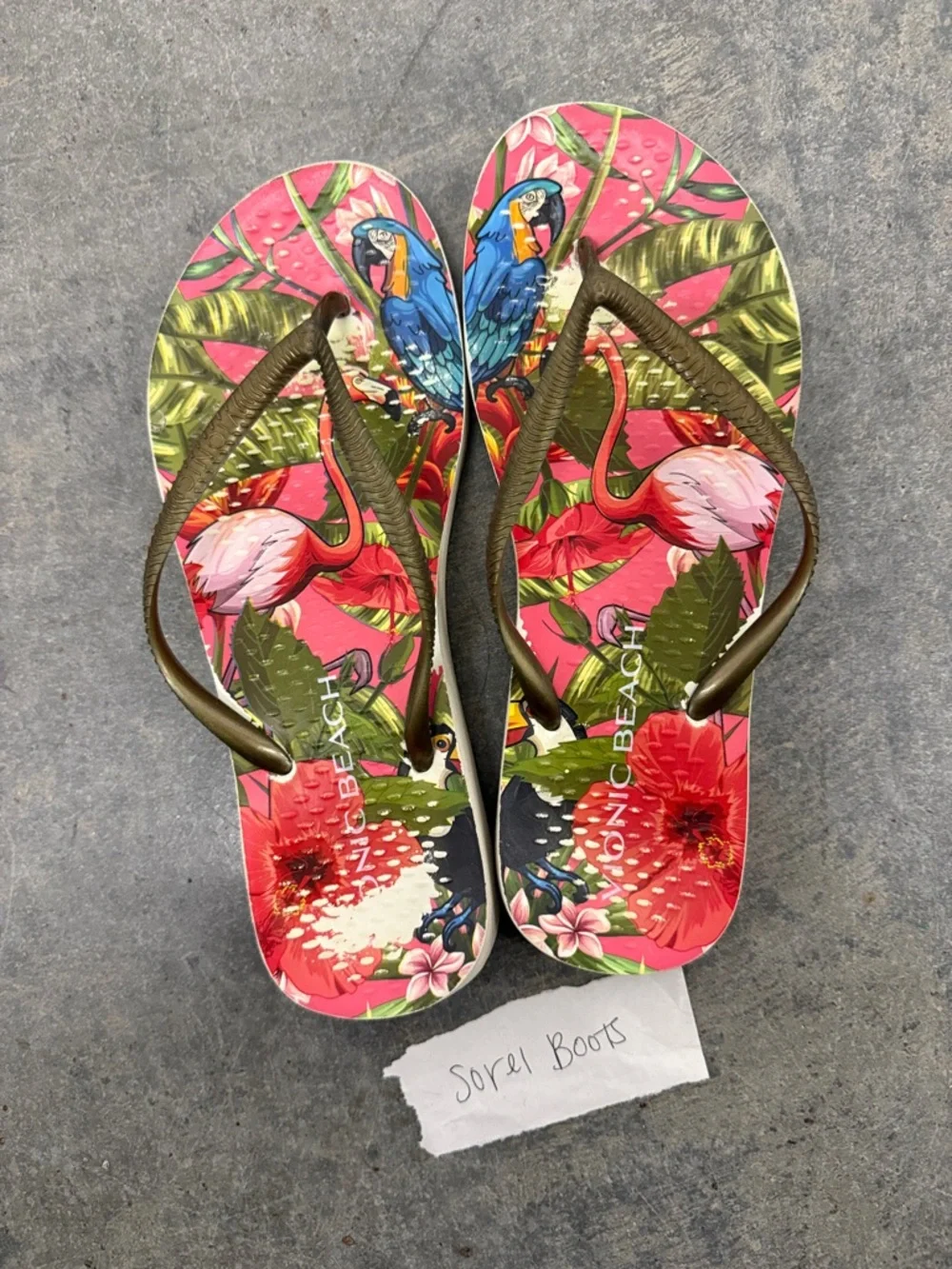 Vionic Tropical Pink Floral Flip Flops with Olive Straps - Picture 3 of 5